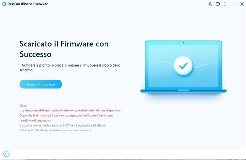 cliccare su Inizia a rimuovere dopo aver scaricato il firmware