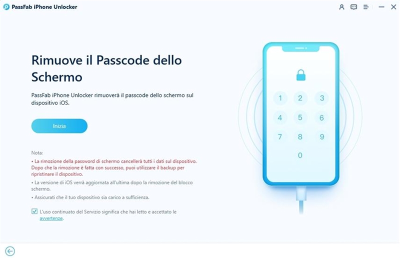 cliccare su inizia per rimuovere il passcode