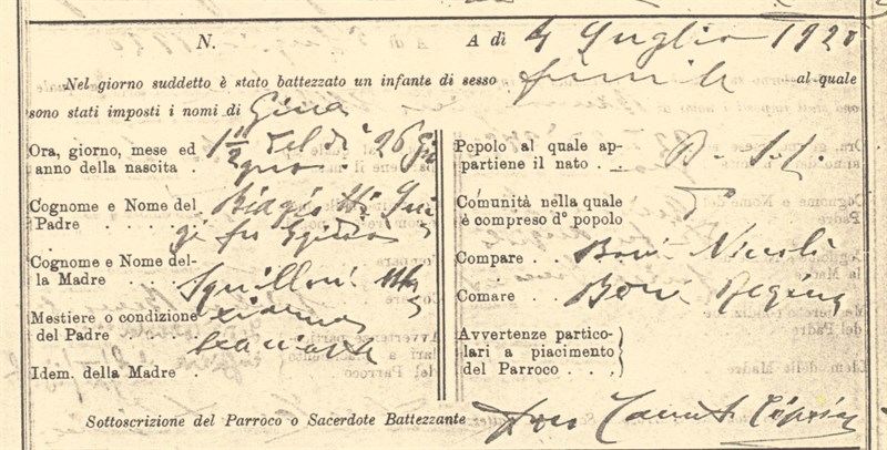 Atto di Battesimo di Gina Biagiotti  il 7 luglio 1920. (Archivio Pieve di San Lorenzo)