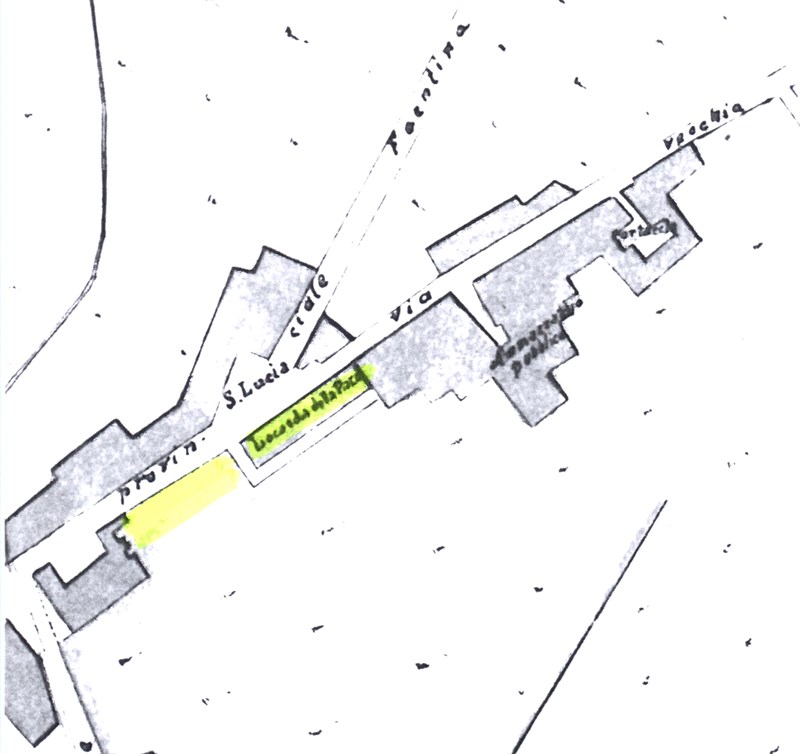 Particolare della  planimetria del 1856 con la dicitura “Locanda della Pace”