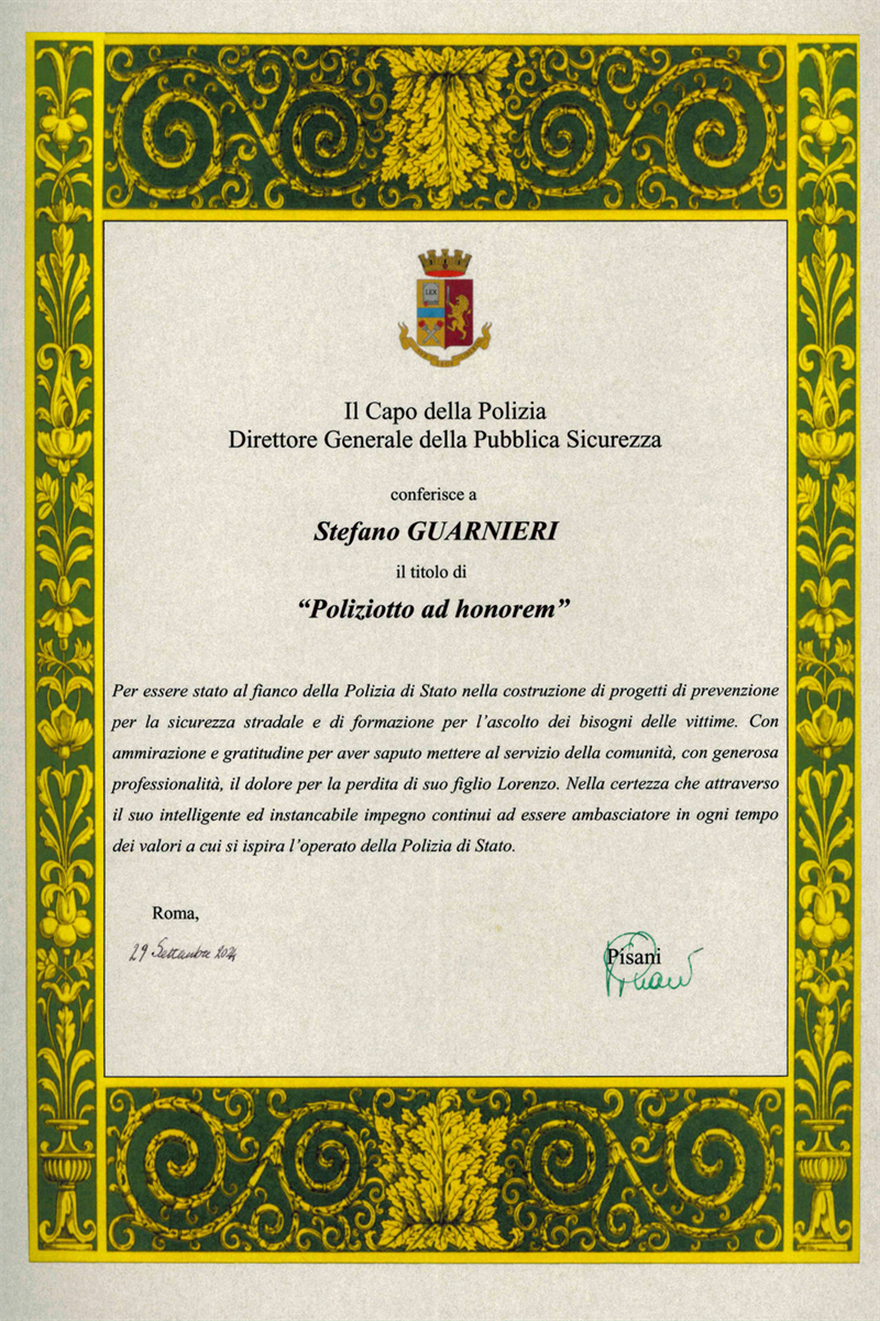 Nomina di Stefano Guarnieri ell'Associazione Lorenzo Guarnieri Onlus a Poliziotto ad honorem