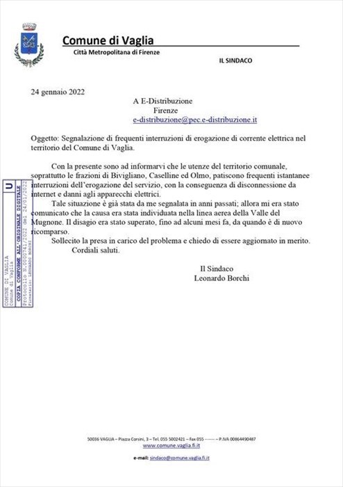 La lettera di Borchi a Enel