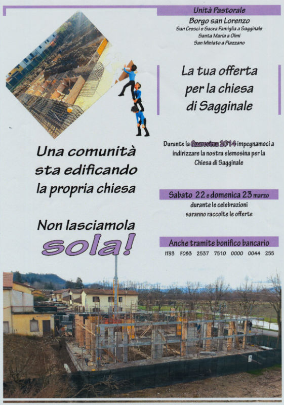Sabato 15 marzo a cena per la chiesa di Sagginale. Info...