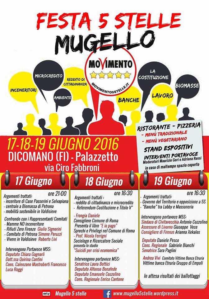 Festa a 5 Stelle a Dicomano. Incontri e dibattiti in attesa dei ballottaggi.