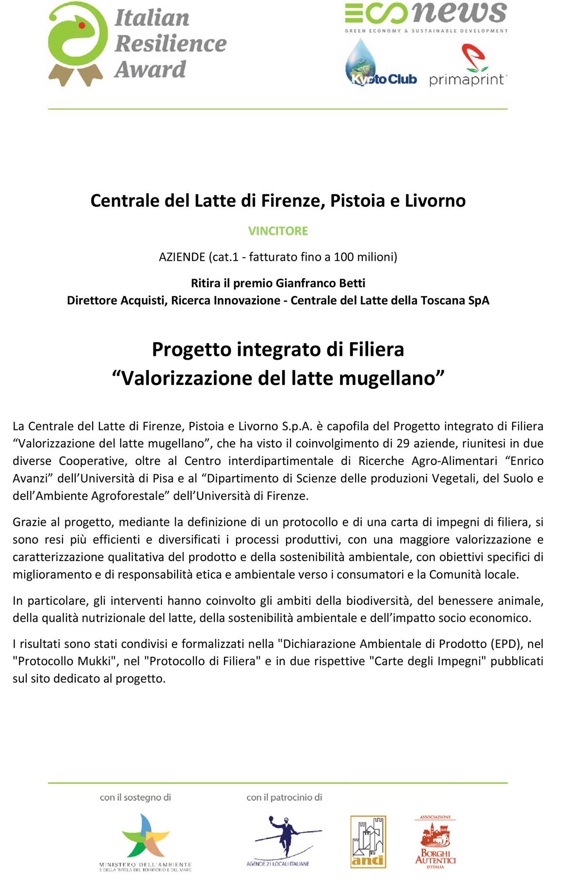 Il Latte del Mugello premiato dal Kyoto Club