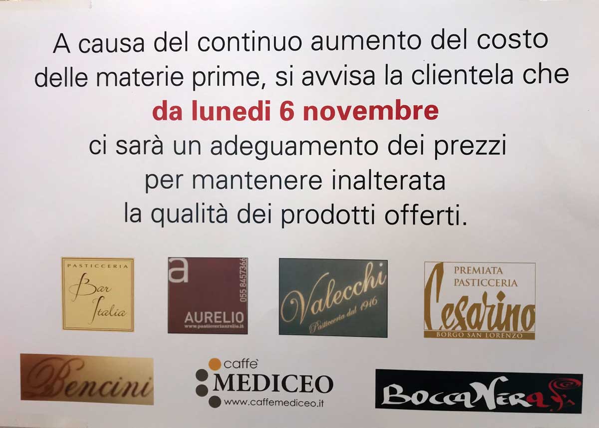 Cartello delle Pasticcerie a Borgo? Aumenta il prezzo di Caffe, Cappuccino e paste