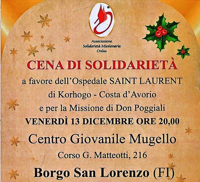 La locandina della “Cena di Solidarietà” dell’Assomis al Centro Giovanile del Mugello.