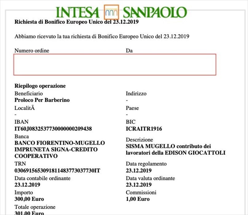 Distinta della donazione da parte dei lavoratori della Edison Giocattoli