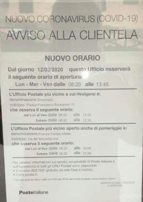 Riduzione orario Poste a Londa per Covid-19