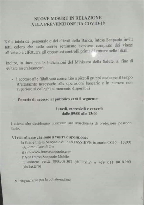 Riduzione orario banche a Londa per COVID19