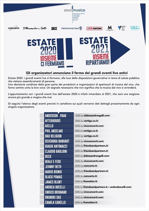 Tutti i concerti di Assomusica rimandati al 2021